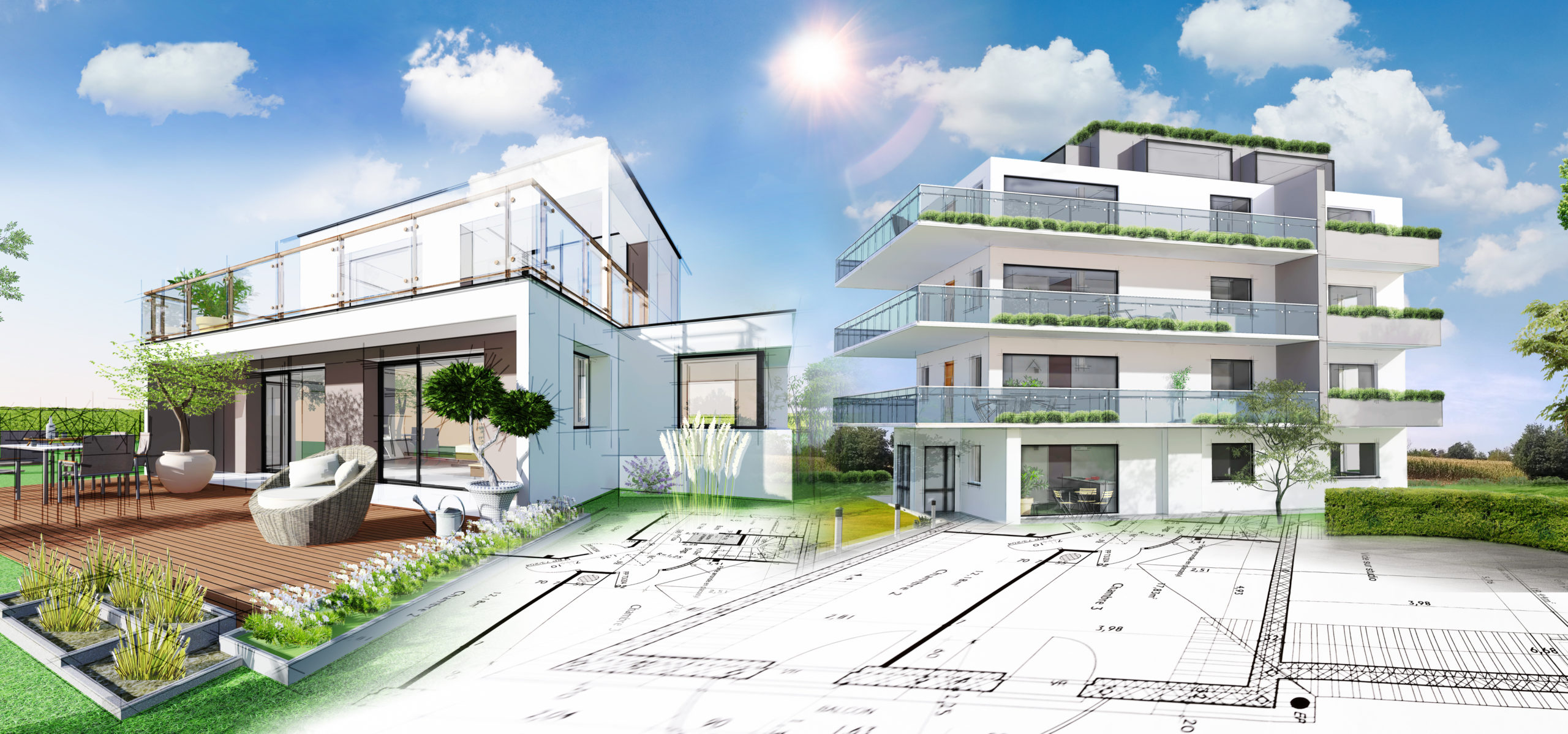 Conception architecturale moderne avec plans et paysage verdoyant.