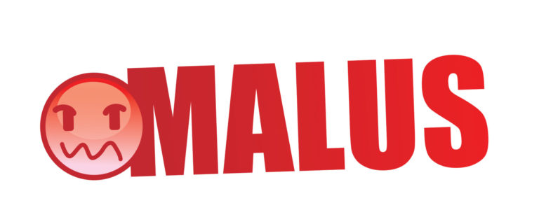Logo rouge "MALUS" avec un visage souriant à gauche.