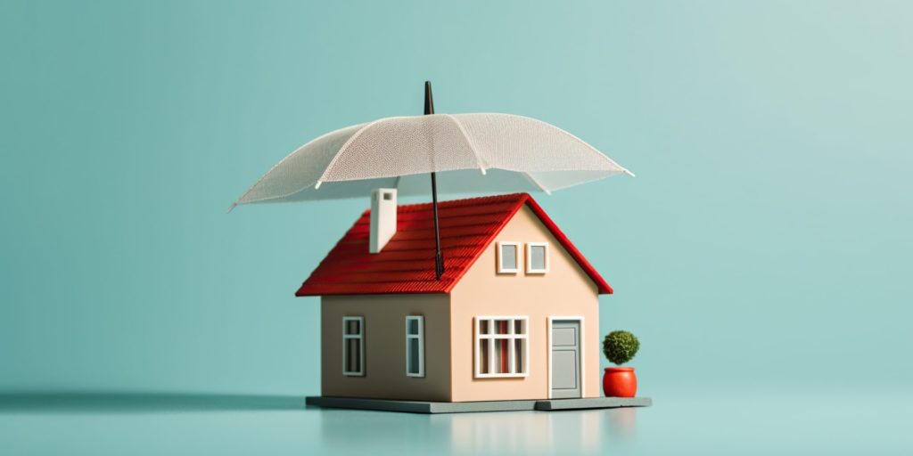 Maison miniature protégée par un parapluie blanc.